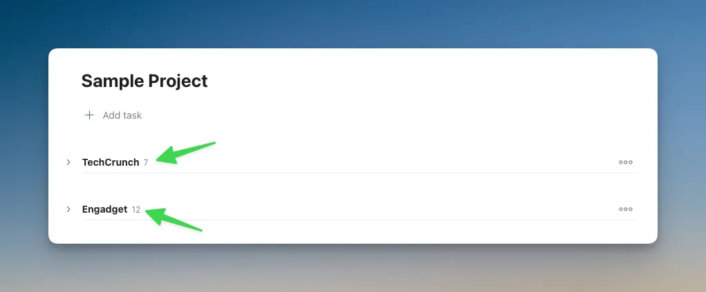 Screenshot of a Todoist project with sections collapsed