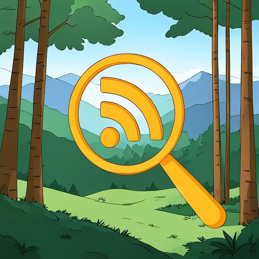 An illustration of a magnifying glass, the RSS Icon and a forest in the background