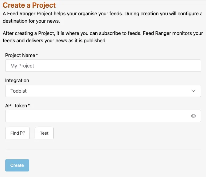 A screenshot of Feed Ranger's "Create Project" form
