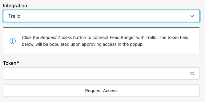 A screenshot of the "Integration" portion of Feed Ranger's Create Project Form