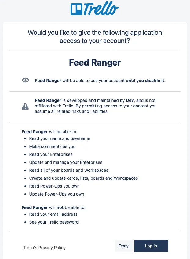 A screenshot of Trello's API access confirmation