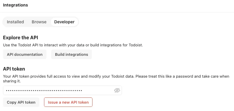 Screenshot of the "Developer" panel in Todoist Settings