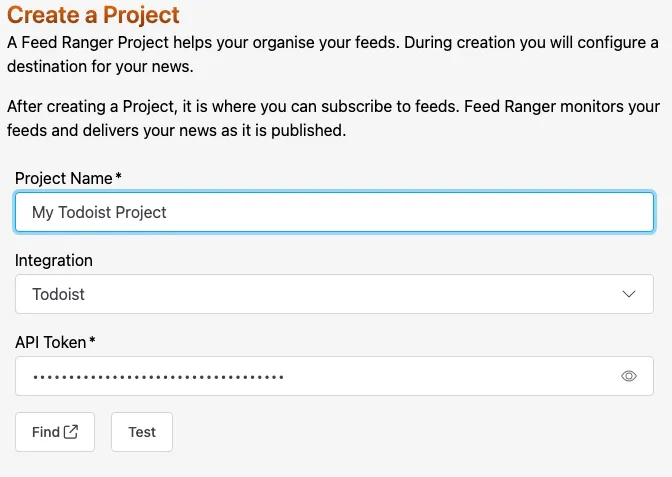 A screenshot of the Feed Ranger "Create Project" form, configured for Todoist