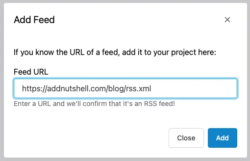 A screenshot of the Feed Ranger "Add Feed" dialog, with a valid URL and the "Add" button enabled
