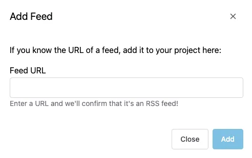 A screenshot of the Feed Ranger "Add Feed" dialog, with the "Add" button disabled