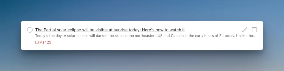 An example of a news item published, by Feed Ranger, in Todoist